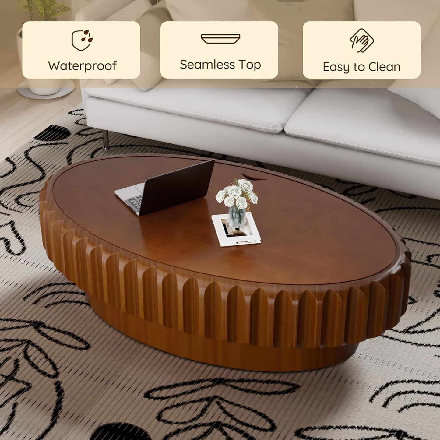 43.3'' Oval Coffee Table with Storage for Living Room, Modern Oval Drum Fluted Coffee Table with Wood Veneered Circle Center Tables for Small Space Apartment (B)