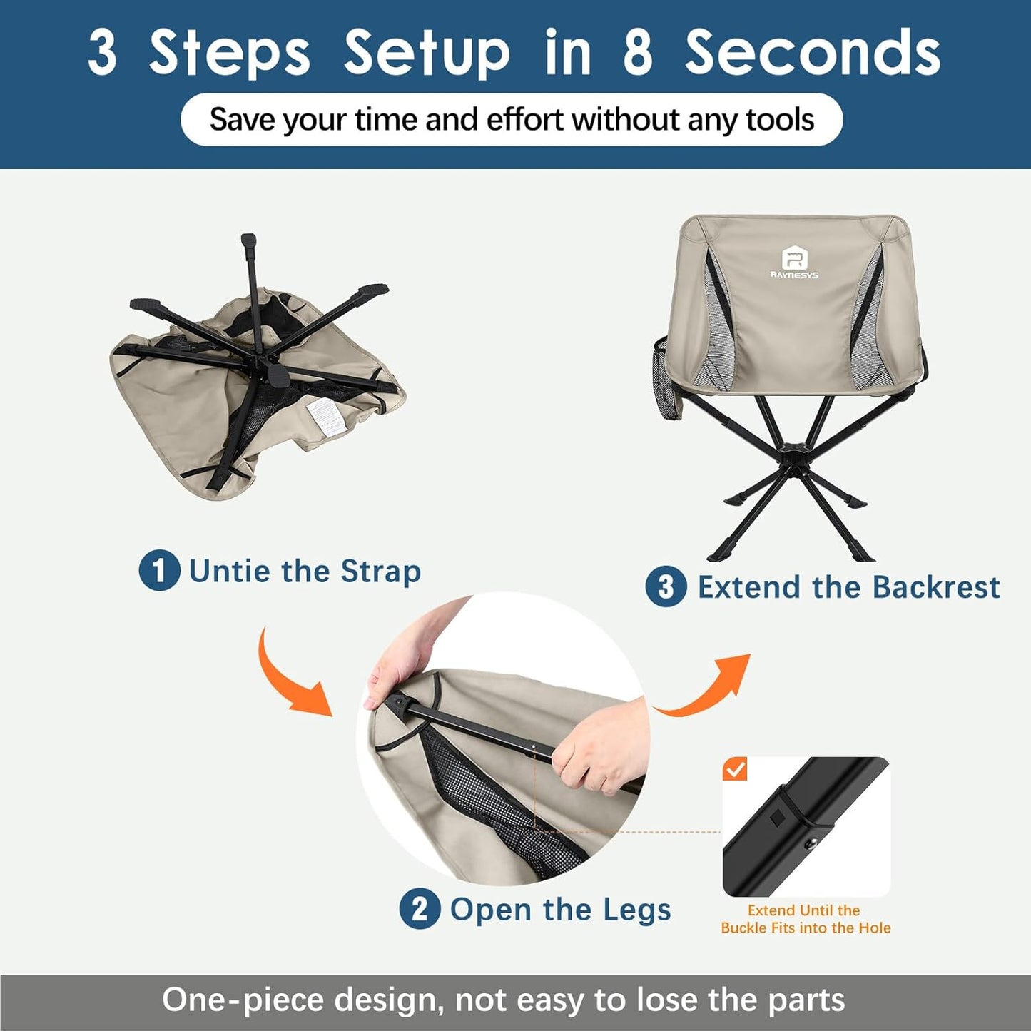 Raynesys Portable Camping Chair 1 Pack, 8 Seconds Quick Setup Folding Camping Chair, Flexible 360° Rotation, 3.8Lb Lightweight Travel Chairs for Easy Carry to Hiking, Sporting, Beach, Khaki