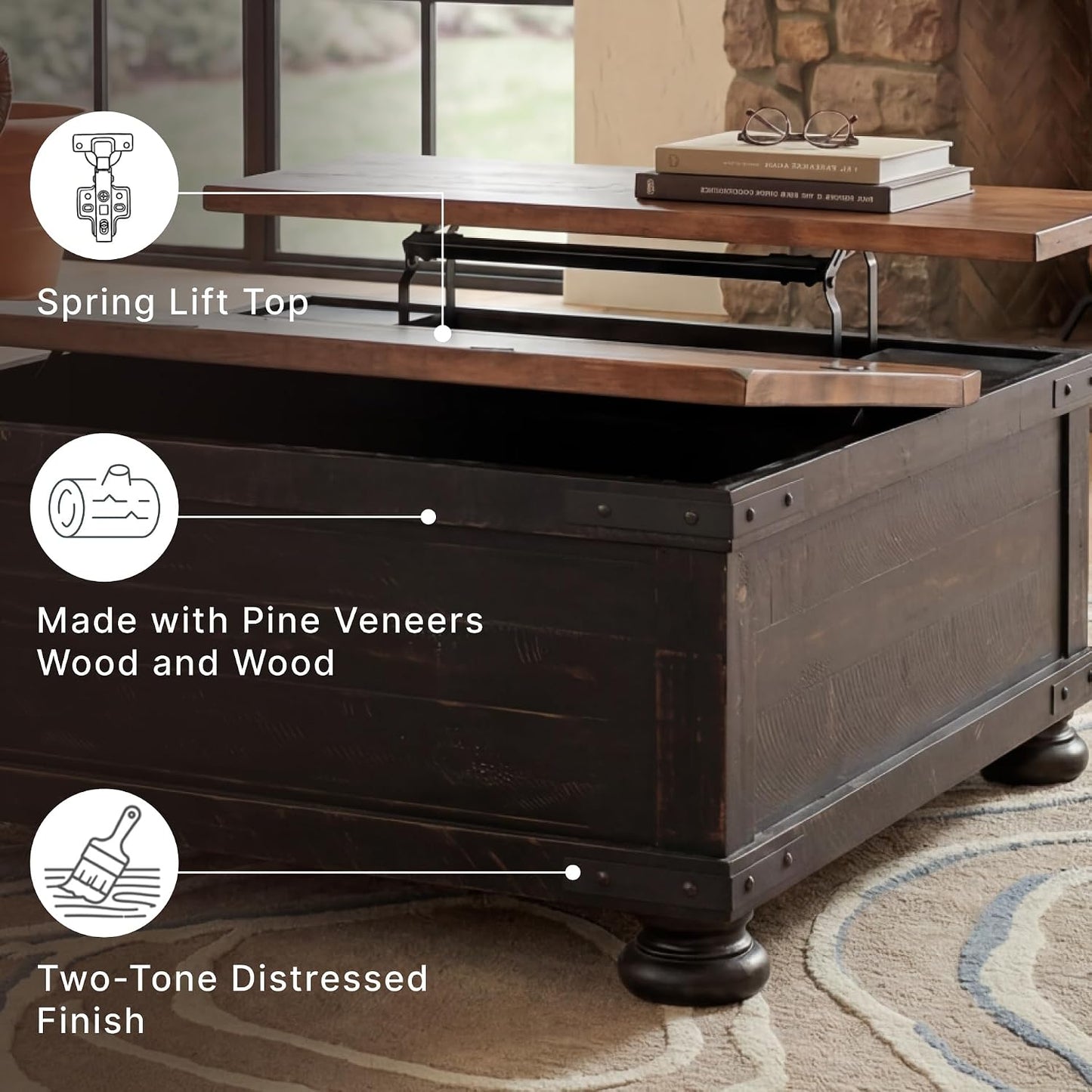 Signature Design by Ashley Lift Top Coffee Table with Storage, Farmhouse | Pine veneers, wood & engineered wood, Split-top spring lift, Hidden trunk storage, 36-in square footprint, Valebeck Series