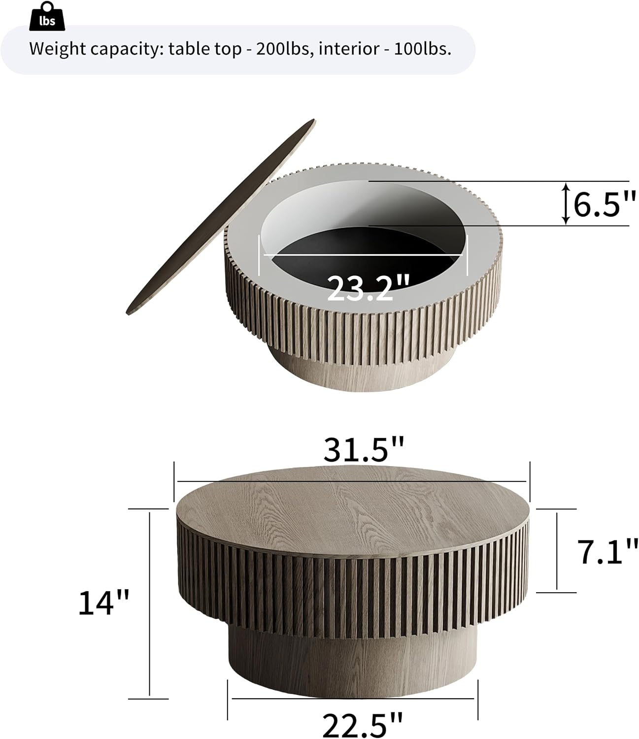 31.5" Round Coffee Table with Hidden Storage Compartment, Modern Handcraft Fluted Drum Coffee Table, Wooden Circle Center Table Cocktail Tea Table with Sturdy Pedestal for Living Room, Grey