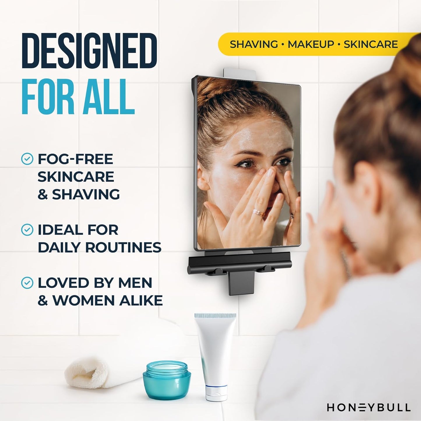 HONEYBULL Fogless Shower Mirror for Shaving – Anti Fog Mirror for Shower with Water Tank, Adhesive Hook Mount, Bonus Razor Holder & Squeegee – for Men and Women, Small Bathroom Accessory (Black)