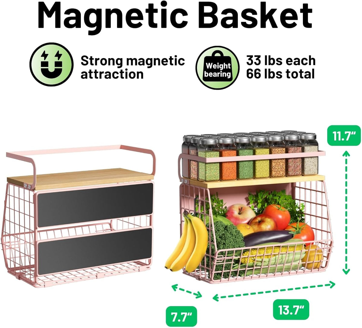 Magnetic Shelf for Fridge with Wood Lid, Fruit Potato and Onion Storage Bins, Pantry Organizers & Storage, Large Container Magnetic Spice Rack for Refrigerator, Kitchen Counter, Cabinet (Pink, 1)