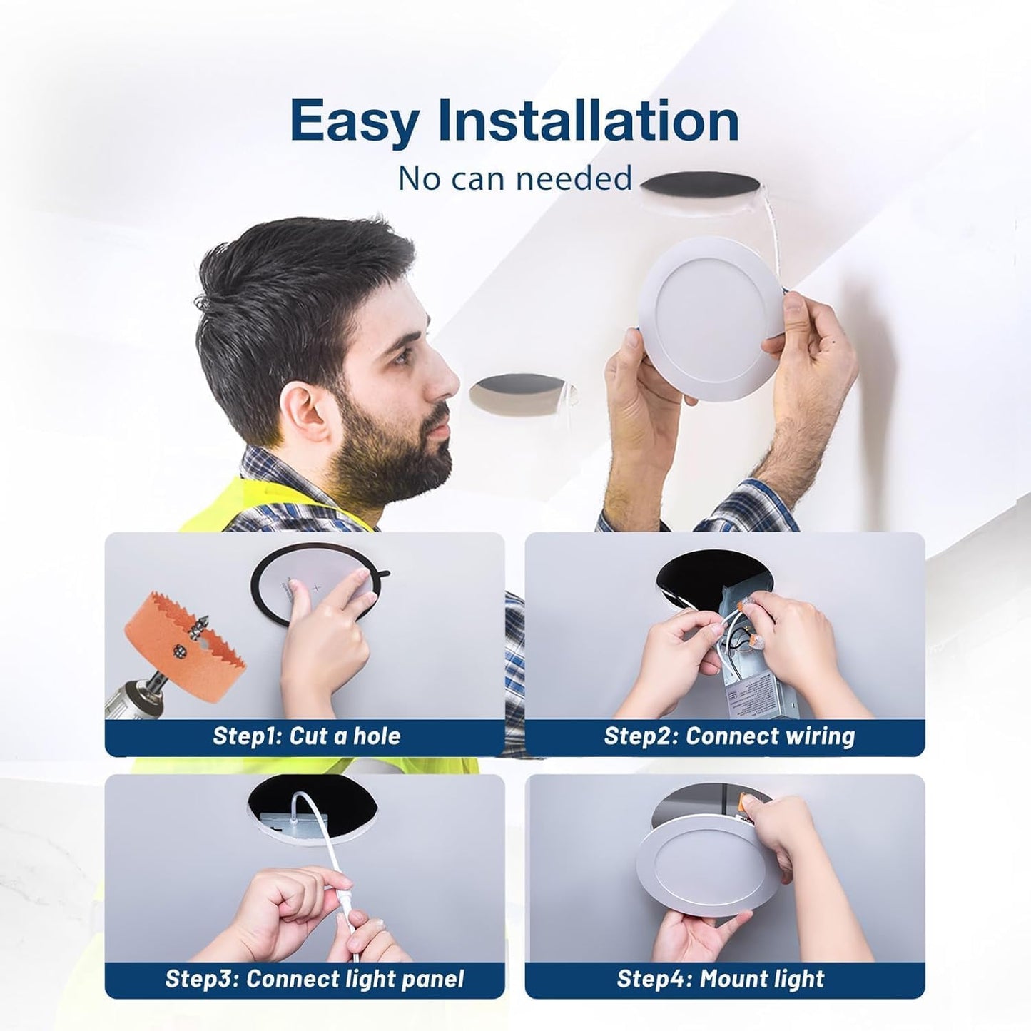 Amico 4 Pack 6 Inch 5CCT Ultra-Thin LED Recessed Ceiling Light with Junction Box, 2700K/3000K/3500K/4000K/5000K Selectable, 12W Eqv 110W 1050LM Brightness Dimmable Canless Wafer Downlight, ETL & FCC