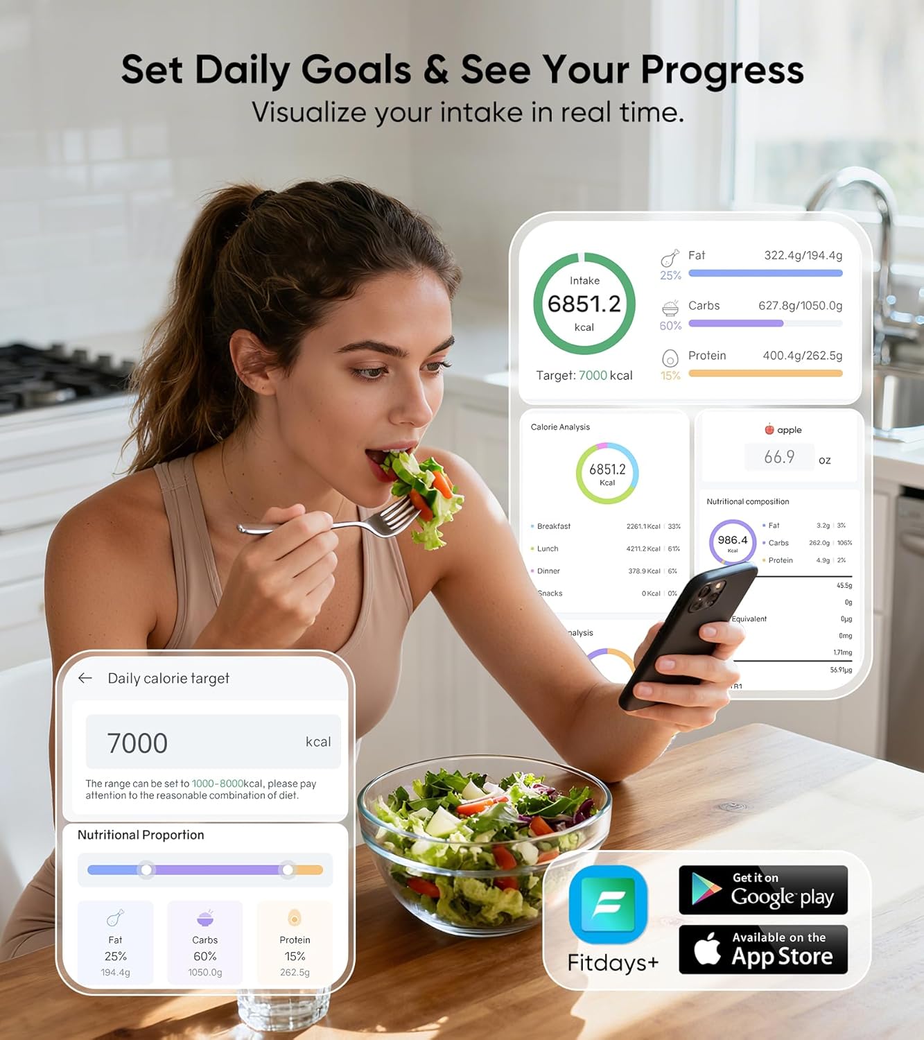 KUAIVO Smart Nutrition Food Scale with LED Display, Tracks Calories, Fat, Carbs & Protein via App, 1g Precision Digital Kitchen Scale for Healthy Eating & Meal Prep
