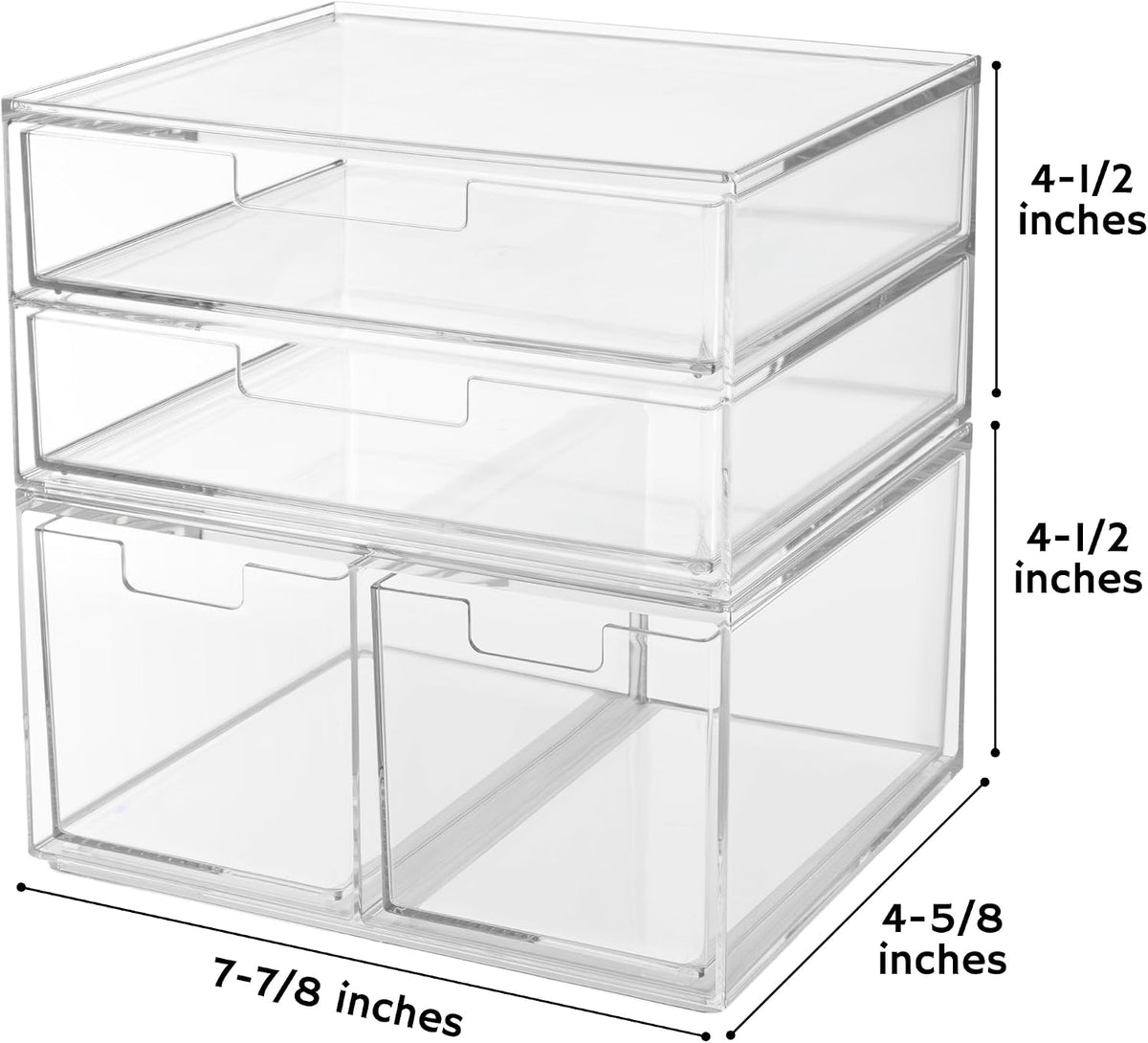 STORi Stackable Desk Organizer Drawers, Clear Pen Pencil Makeup Brush Holder for Desktops and Vanities, 4 Multi-size Drawers (Made in USA)