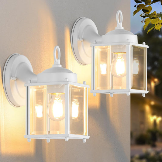 MATAMEYE Outdoor Wall Lantern, Exterior White Waterproof Wall Sconce Lighting Fixtures, Front Door Wall Lights with Clear Beveled Glass Shade, 2 Pack