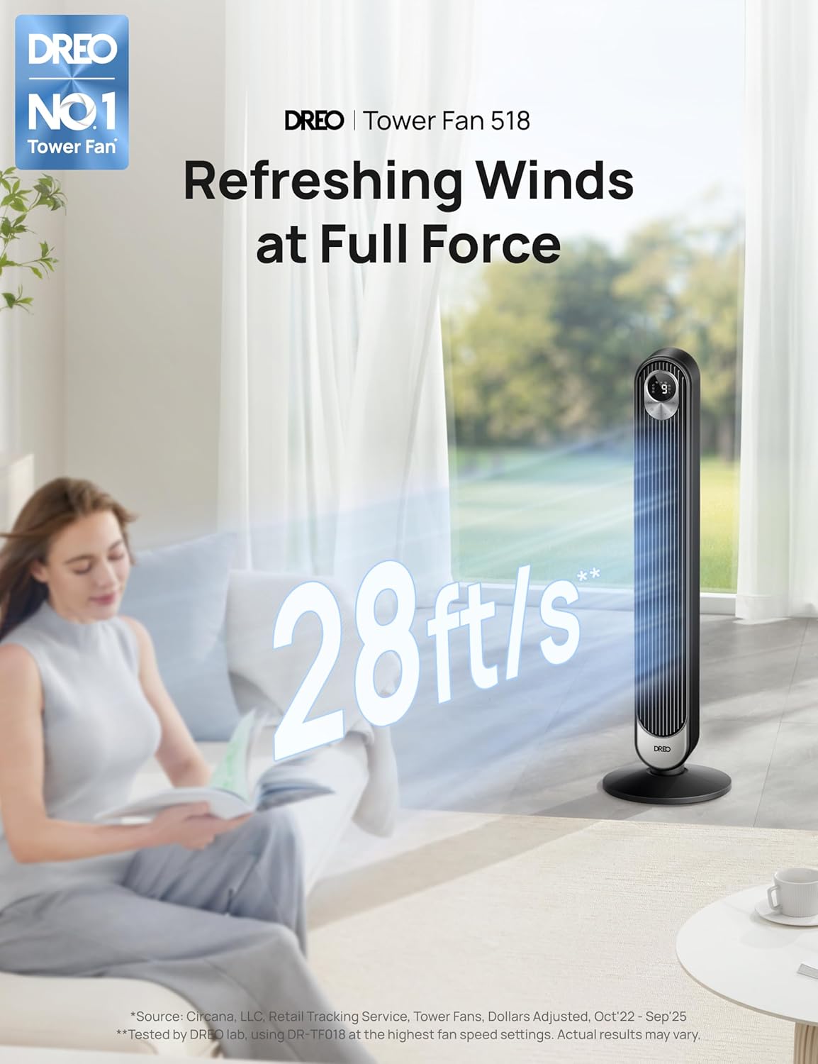 DREO Tower Fan for Bedroom, 28 ft/s, 20dB Quiet Oscillating Bladeless Fan with Remote, 9 Speeds, 4 Modes, 12H Timer, LED Display, Standing Floor Fan Powerful for Indoor Home Office Room, 42 Inch