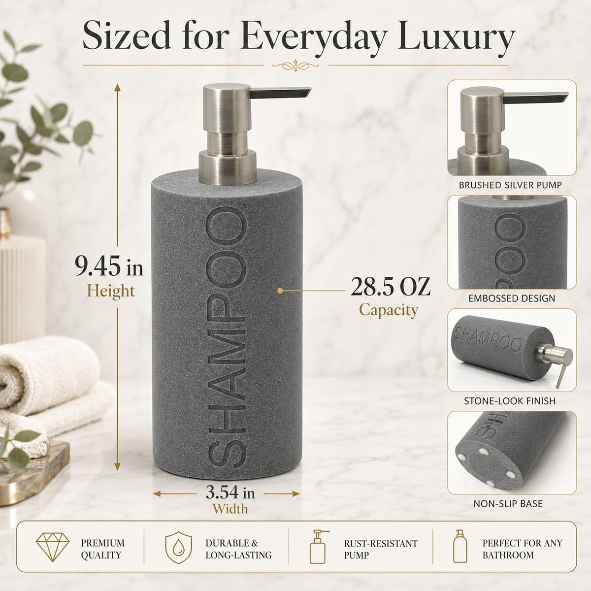 Resin Neutral Gray Sandstone Shampoo Engraved Bottle Refillable Pump Dispenser, Durable Waterproof Resin Construction for Bath, Shower - Gray Sandstone Satin Nickel Pump