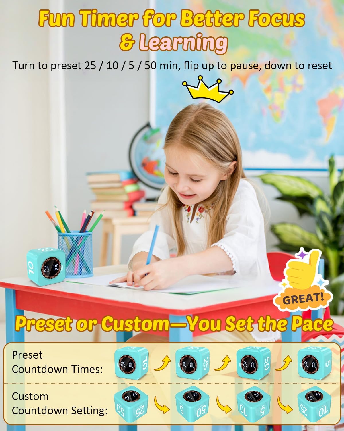 Digital Pomodoro Timer Cube 5/10/25/50min Preset, Silent & Sound Alarm