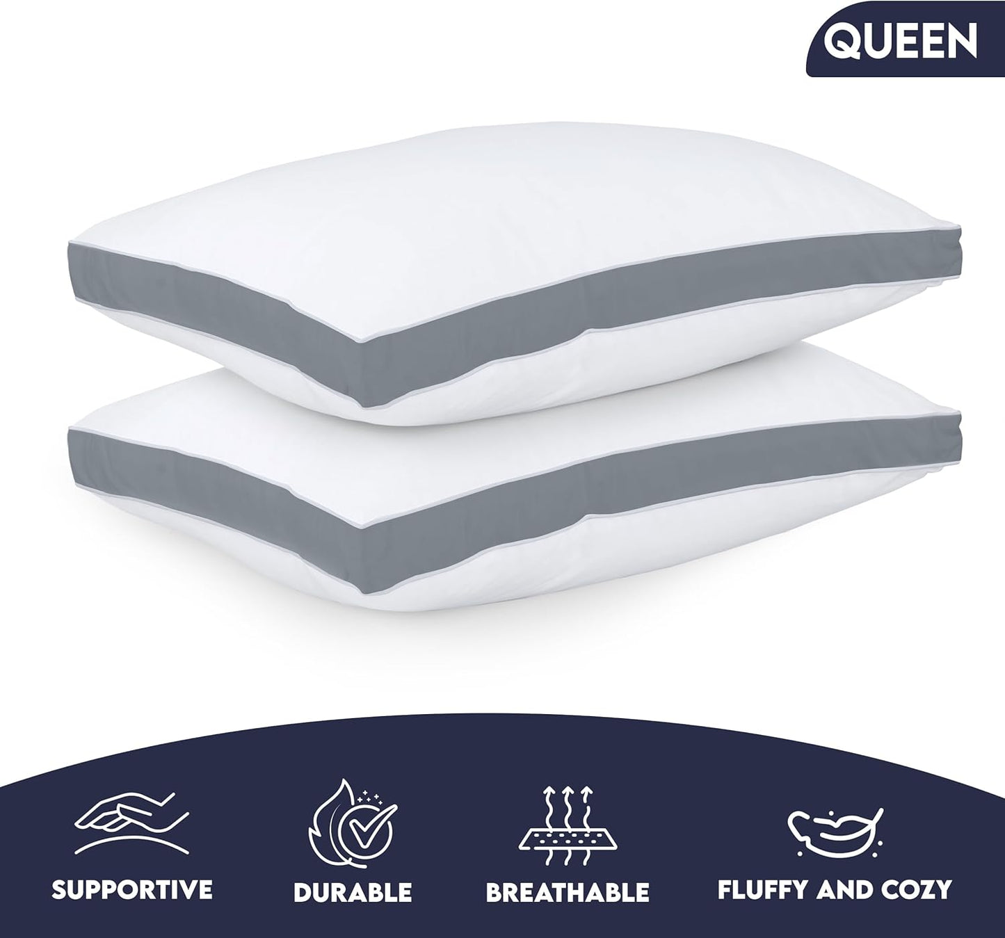 Utopia Bedding Bed Pillows for Sleeping Queen Size (Grey), Set of 2, Soft & Fluffy Pillow with Down Alternative Filling, Cooling, Hotel Quality, Gusseted Pillow for Back, Stomach or Side Sleepers