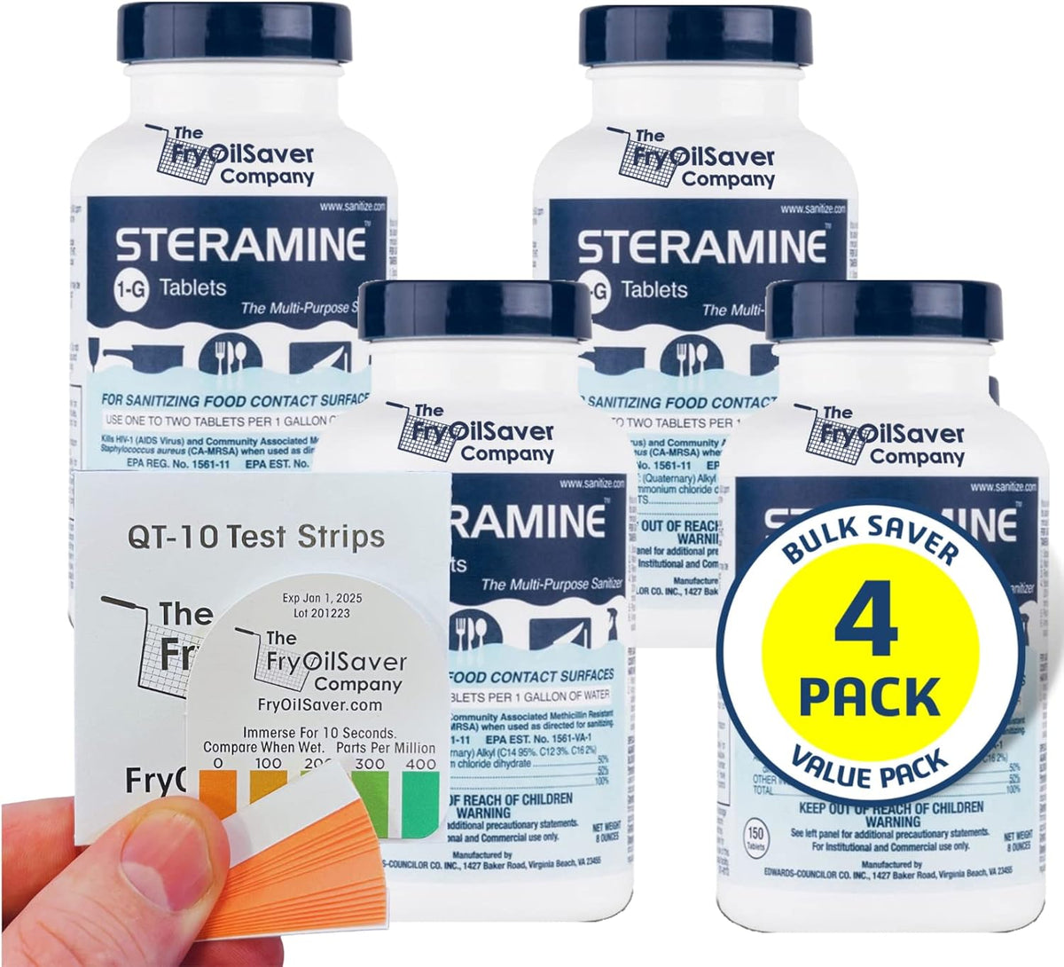 6 Bottles Steramine Sanitizer Tablets w/15x QT-10 Test Strip - Multi Purpose Steramine Sanitizing Tablets for Food Contact Surface, Kitchen, Restaurant, Diner & Food Service by FryOilSaver (900 Count)