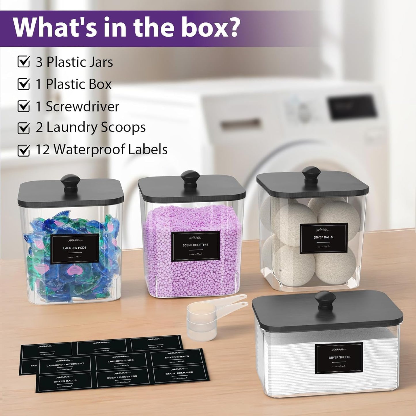 COAZEX 3+1 Pack Clear Laundry Pods Container & Dryer Sheet Holder, Plastic Square Laundry Room Organization and Storage Jars with Black Lids, Scoops & Labels for Detergent, Powder, Dryer Balls