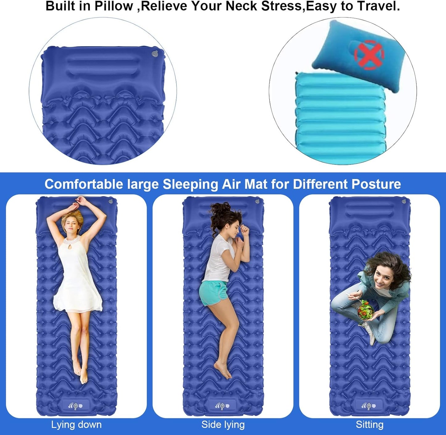 MOXILS Sleeping Pad, Ultralight Inflatable Sleeping Pad for Camping, Built-in Pump, Ultimate for Camping, Hiking, Airpad, Carry Bag, Repair Kit, Compact & Lightweight Air Mattress(Blue)
