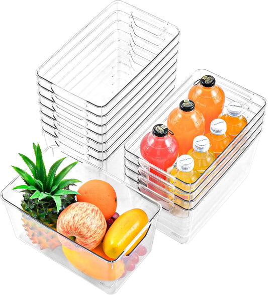 Freebat 12 Pack Middle Organizers and Storage, Pantry Organization and Storage Bins, Cabinet Organizer, Clear Plastic Storage Containers with Handle，Acrylic Storage Bins for Cabinet, Fridge