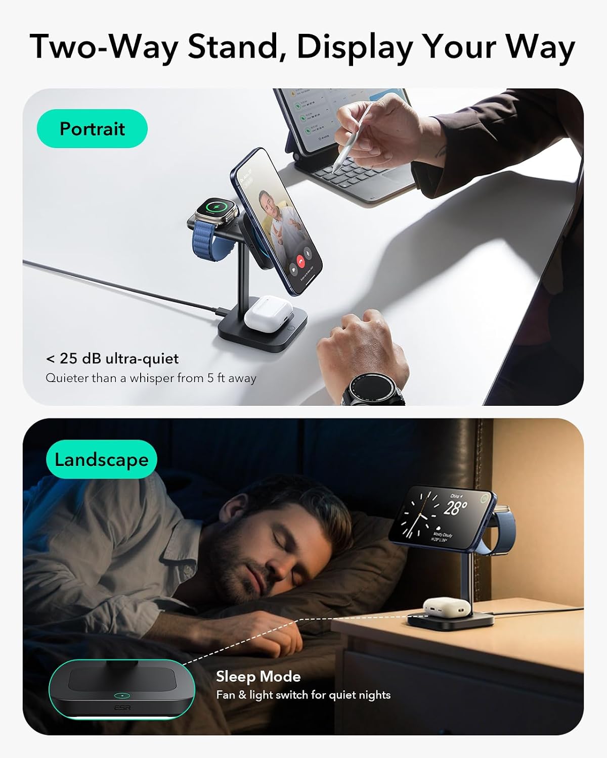 ESR 3 in 1 Charging Station, Qi2.2 Certified for iPhone 17/16 with iOS 26 | 25W MagSafe Charger Stand w/Cryoboost, Phone Cooling Wireless Charger, for AirPods & Apple Watch, Fast Charging Dock