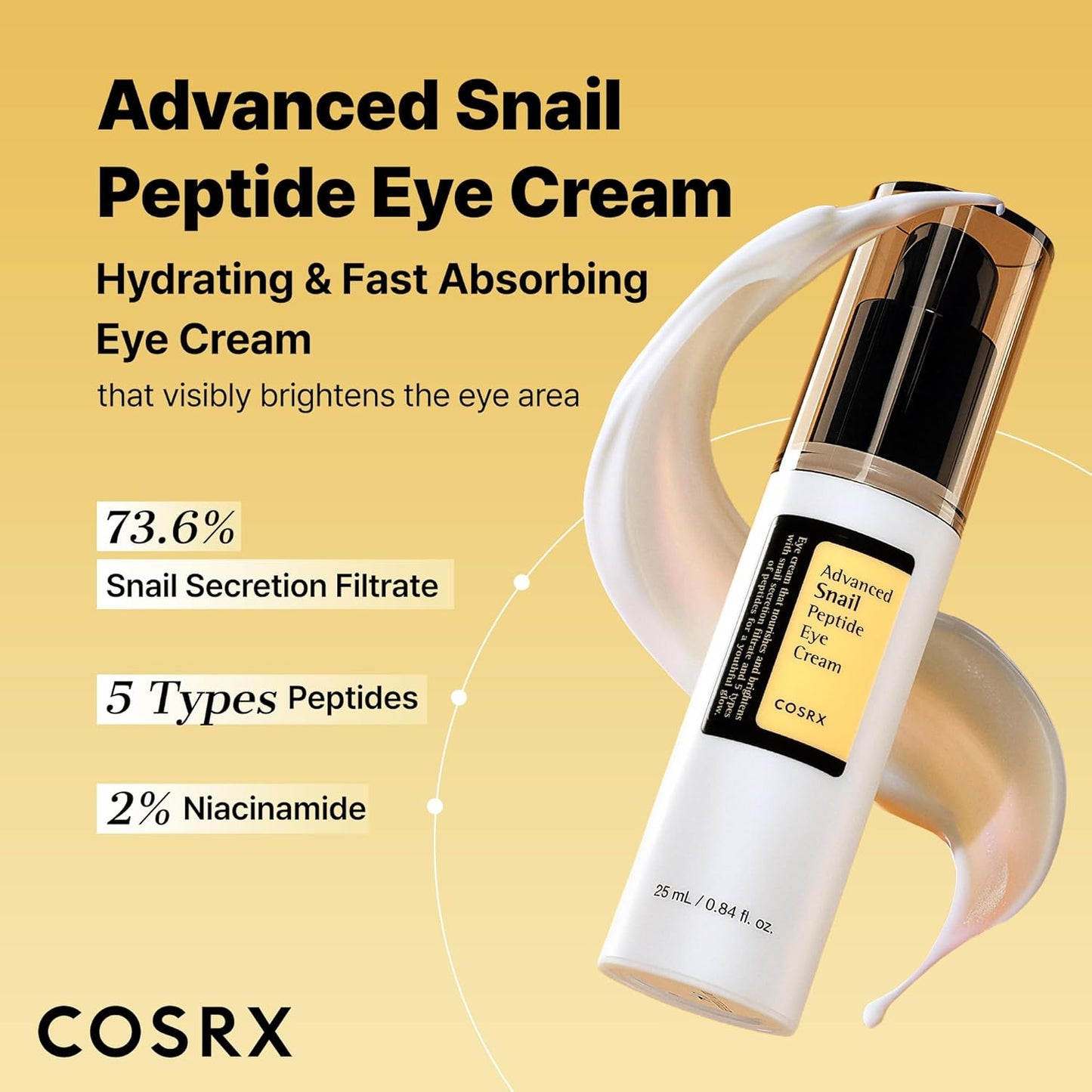 COSRX Snail Mucin Peptide Under Eye Cream, 73.7% Snail Mucin and Niacinamide, Eye Care, Eye Cream Anti Aging, Korean Eye Cream for Dark Circles, Korean Skin Care, 0.84 fl oz