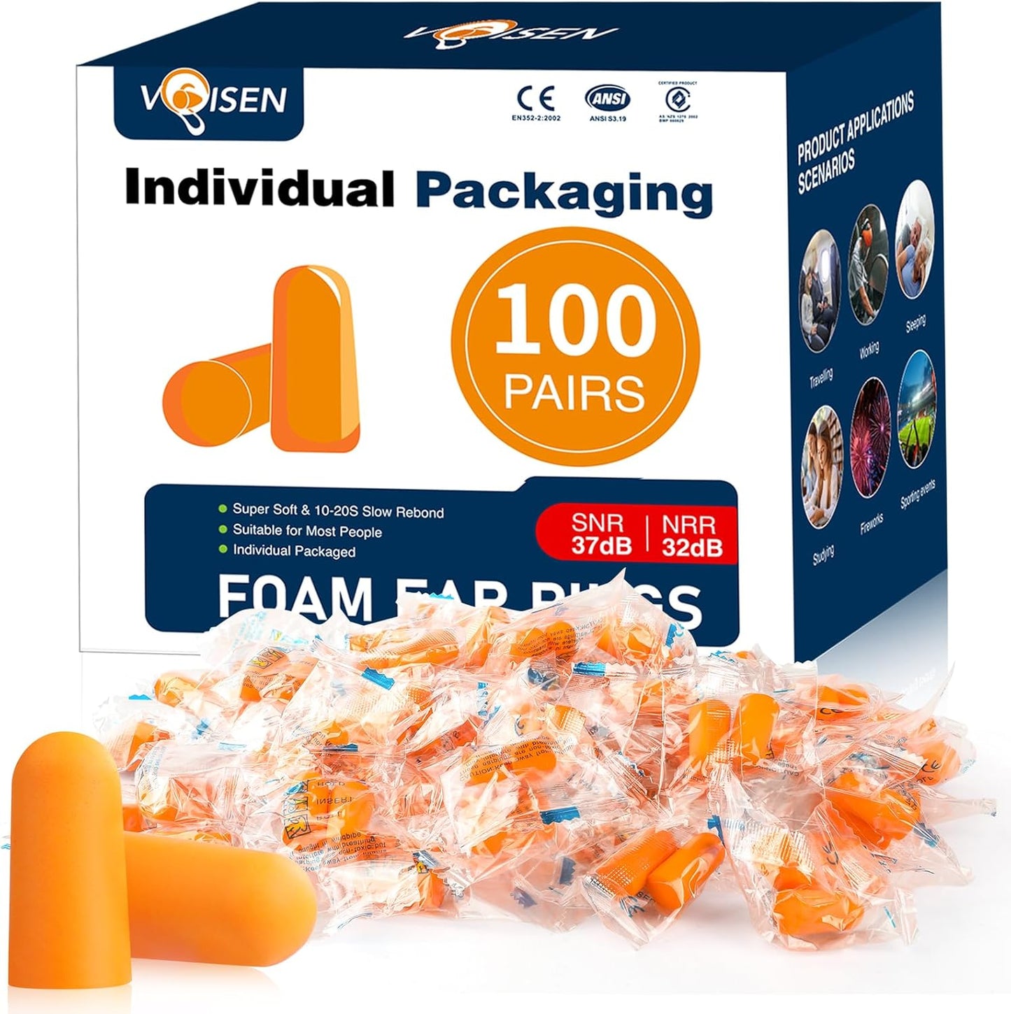 VOISEN Ear Plugs, 800 Pairs EarPlug for Sleeping,32dB NRR 37dB SNR Ear Plugs Noise Cancelling for Snoring, Studying, Loud Events, Traveling & Concerts, Individual Package