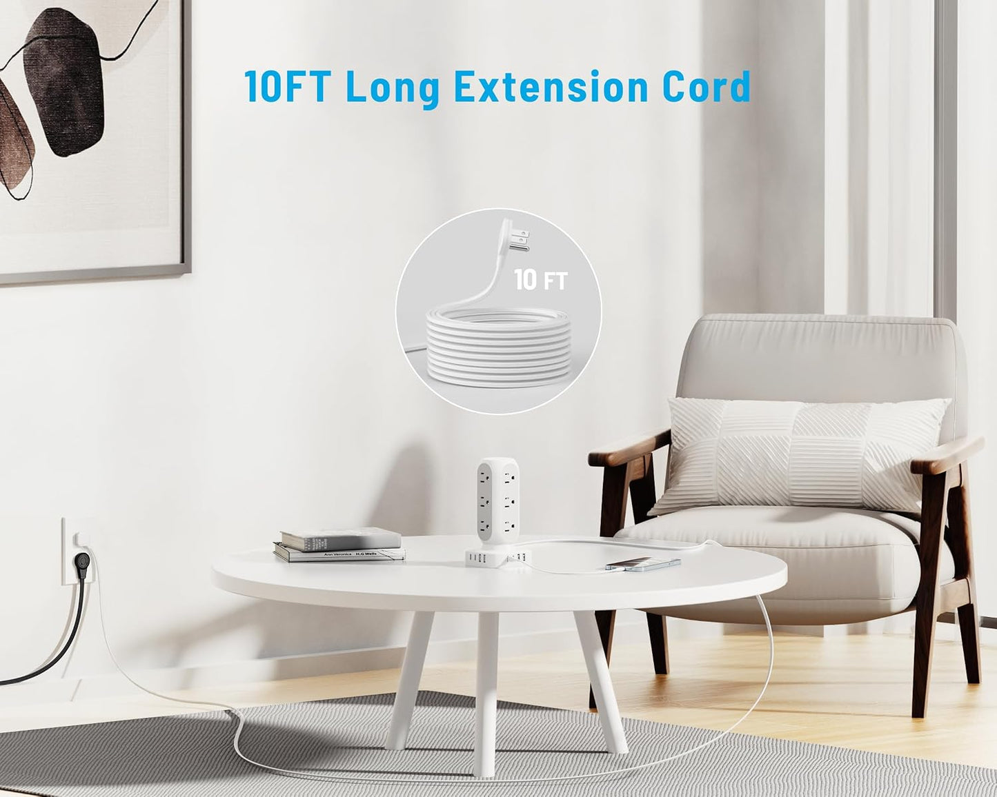 Flat Plug Power Strip Tower, TenTrend 65W Max Charging Tower, 10FT | 12 AC Outlets & 8 USB Ports (4 USB C), 82W Total Fast Charging Station, Extension Cord for Desk Office Dorm Room