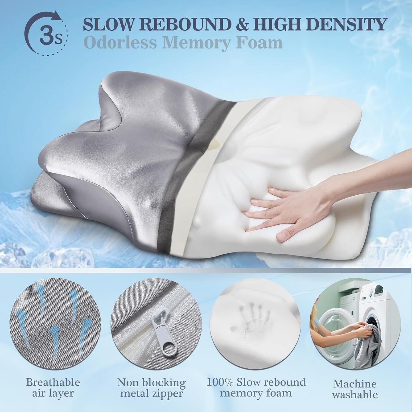 CCidea Cervical Neck Support Pillow for Sleeping & Pain Relief – Ergonomic Contour Memory Foam Pillows for Side/Back/Stomach Sleepers, 2 Heights with Removable Silk Satin Cover - Gifts for Men & Women