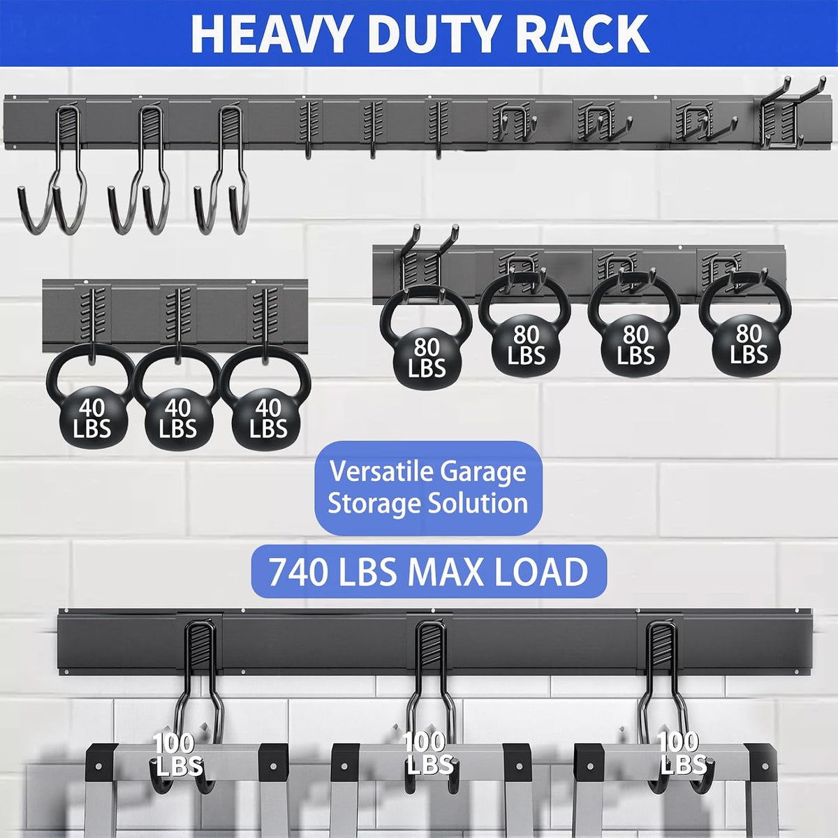Garage Tool Organizer Wall Mount, 64 Inch Heavy Duty Garden Tool Organizer Storage System, Easy Install with 10 Adjustable Hooks, for Garage, Basement, Shed, Workshop, Black, Steel