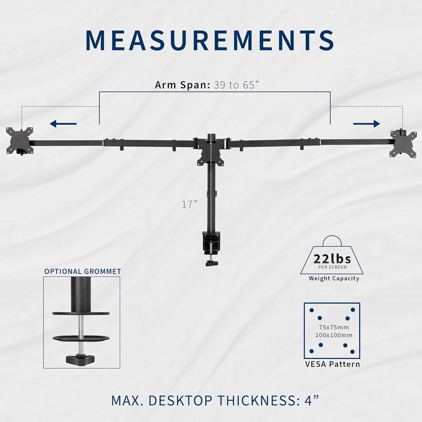 VIVO Premium Triple Monitor Desk Mount for 3 Screens up to 22 lbs, Fits up to 38 inch Ultrawides on Center Bracket, Adjustable Telescoping Arms, Flush Wall Setup, Black, STAND-TS03C
