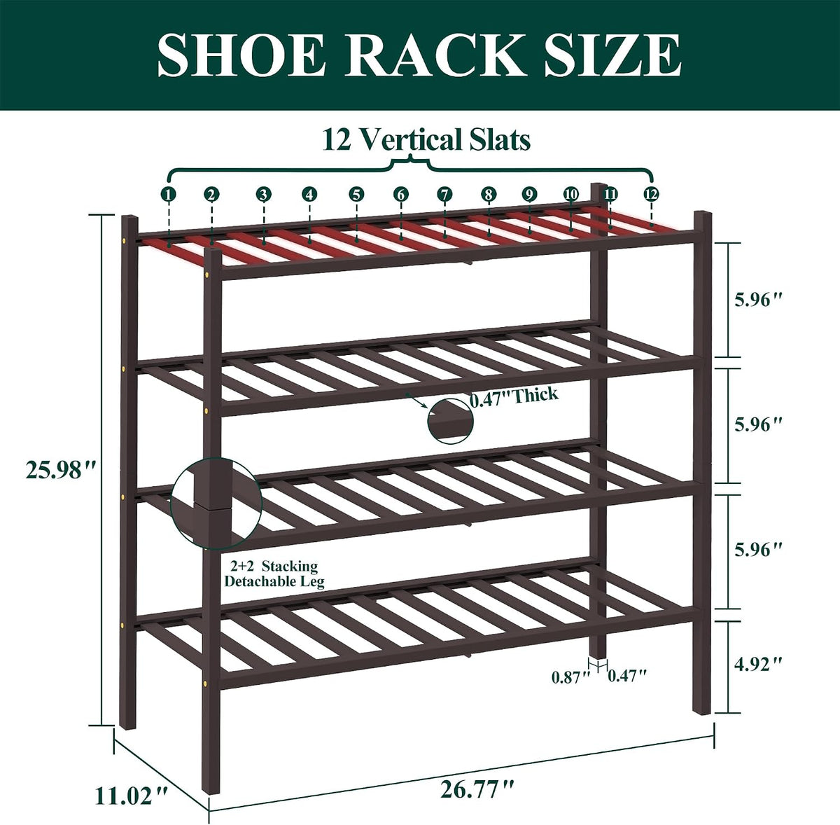 Smiry Bamboo Shoe Rack, 12 Vertical Slats, 4 Tier - 26.8" Wide, Brown
