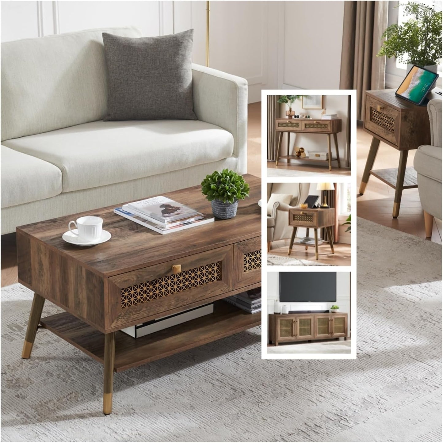 Wooden Mid Century Modern Coffee Table, Retangle Coffee Table with Two Drawers for Living Room, Rustic Oak