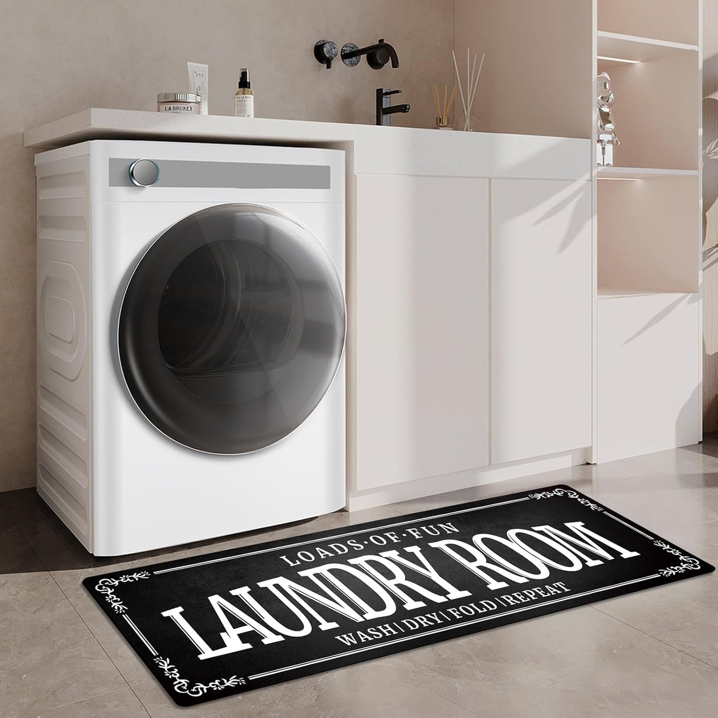 Non-Slip Rubberback Laundry Room Rug Runner 20''x47'' - Kitchen Farmhouse Decor Floor Laundry Mats for Mudroom and Bathroom Carpet Machine Washable Waterproof, Black