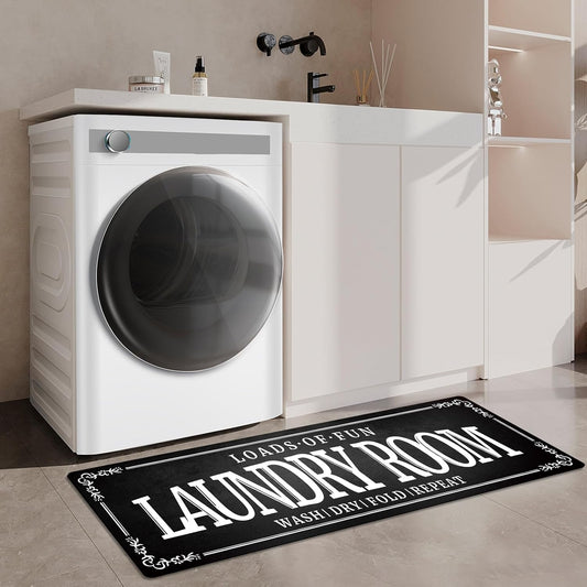 Non-Slip Rubberback Laundry Room Rug Runner 20''x47'' - Kitchen Farmhouse Decor Floor Laundry Mats for Mudroom and Bathroom Carpet Machine Washable Waterproof, Black