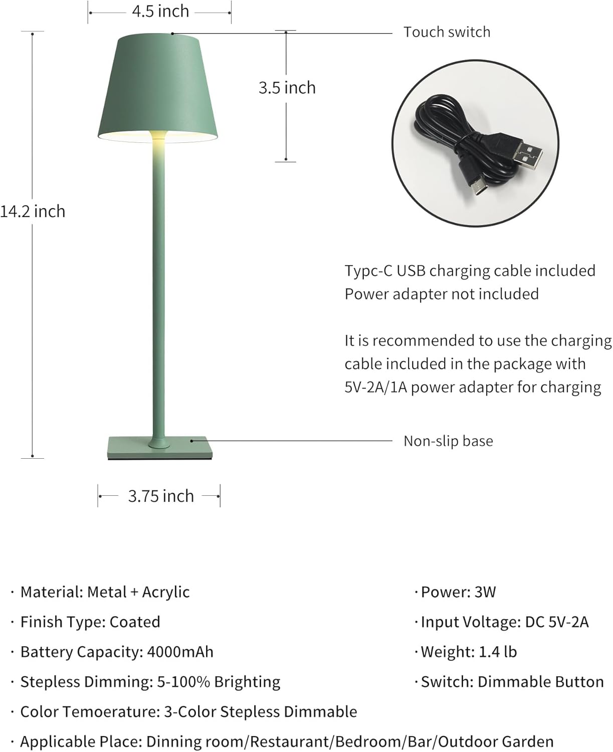 KDG 2 Pack Cordless Table Lamp,Portable LED Desk Lamp, 4000mAh Battery Operated, 3 Color Stepless Dimming Up, for Restaurant/Bedroom/Bars/Outdoor Party/Camping/Coffee Shop Night Light(Green)