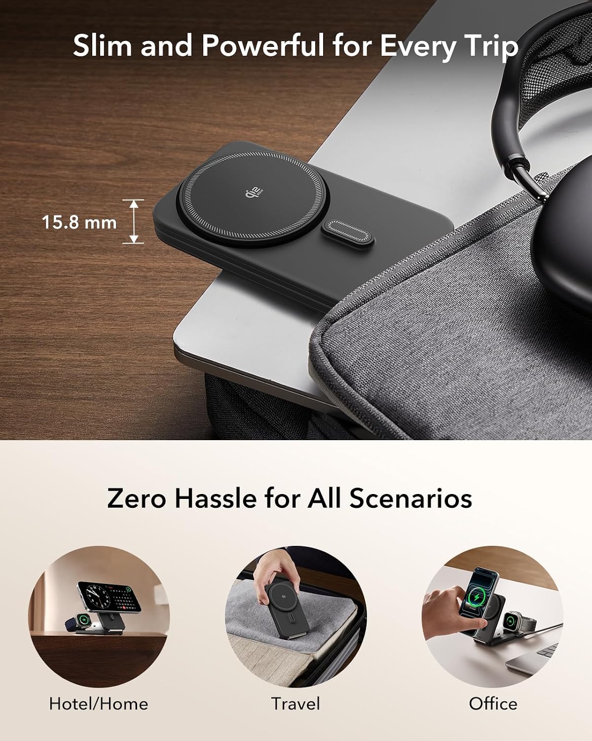 ESR 3 in 1 Charging Station, Qi2.2 Certified for iPhone 17/16 with iOS 26 | 25W Foldable Wireless Charger Stand w/Cryoboost,Phone Cooling Fast Charging Dock,for AirPods & Apple Watch,50W Adapter, Black