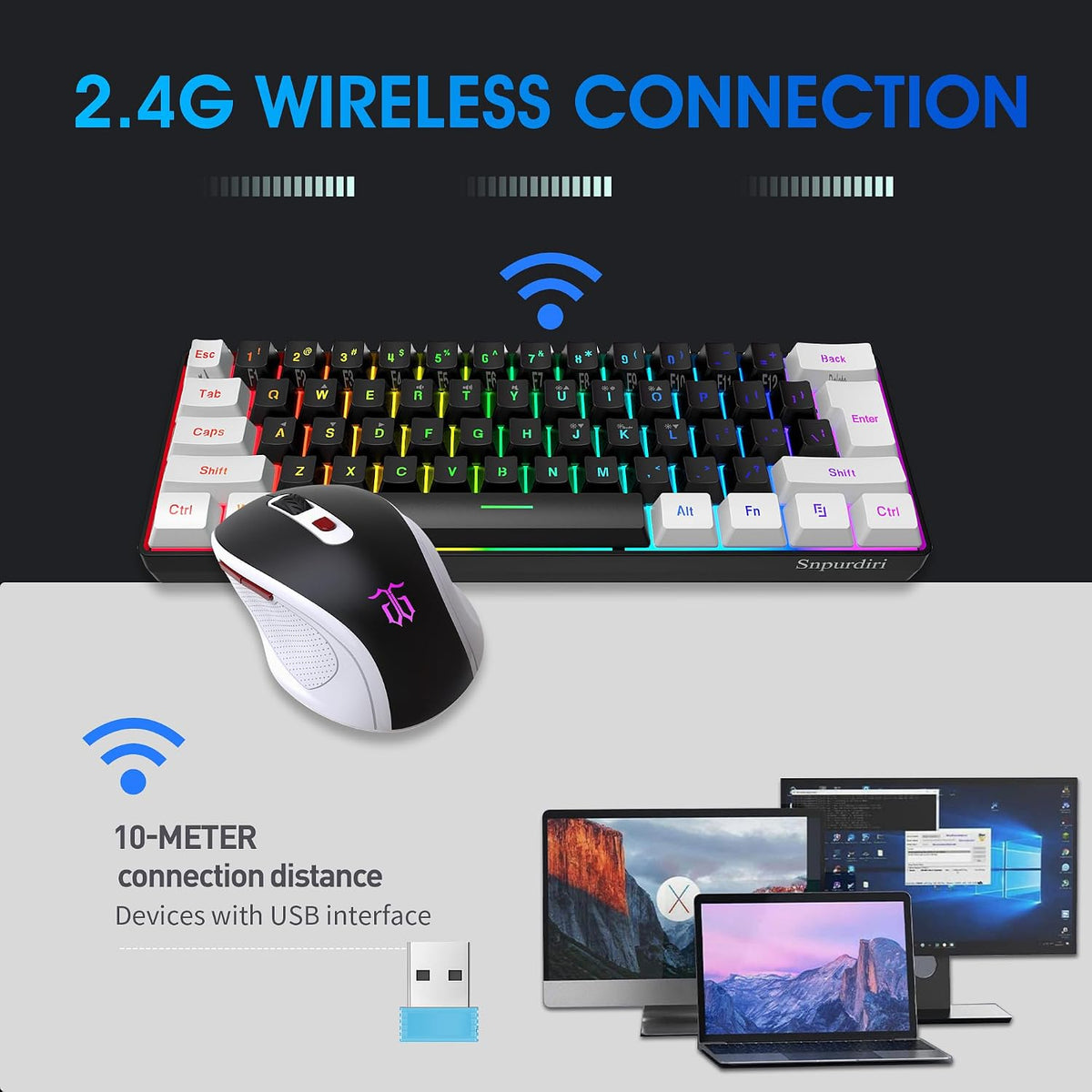 Snpurdiri 2.4G 60% Wireless Gaming Keyboard and Mouse Combo (White-Black)