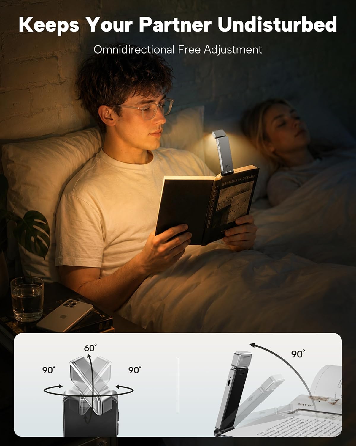 86lux Book Light, Rechargeable Clip-On LED Reading Light for Bed & Night Use - 3 Color Temperatures with Stepless Dimming, Ultralight Bookmark Design for Kids, Book Lovers, Silver