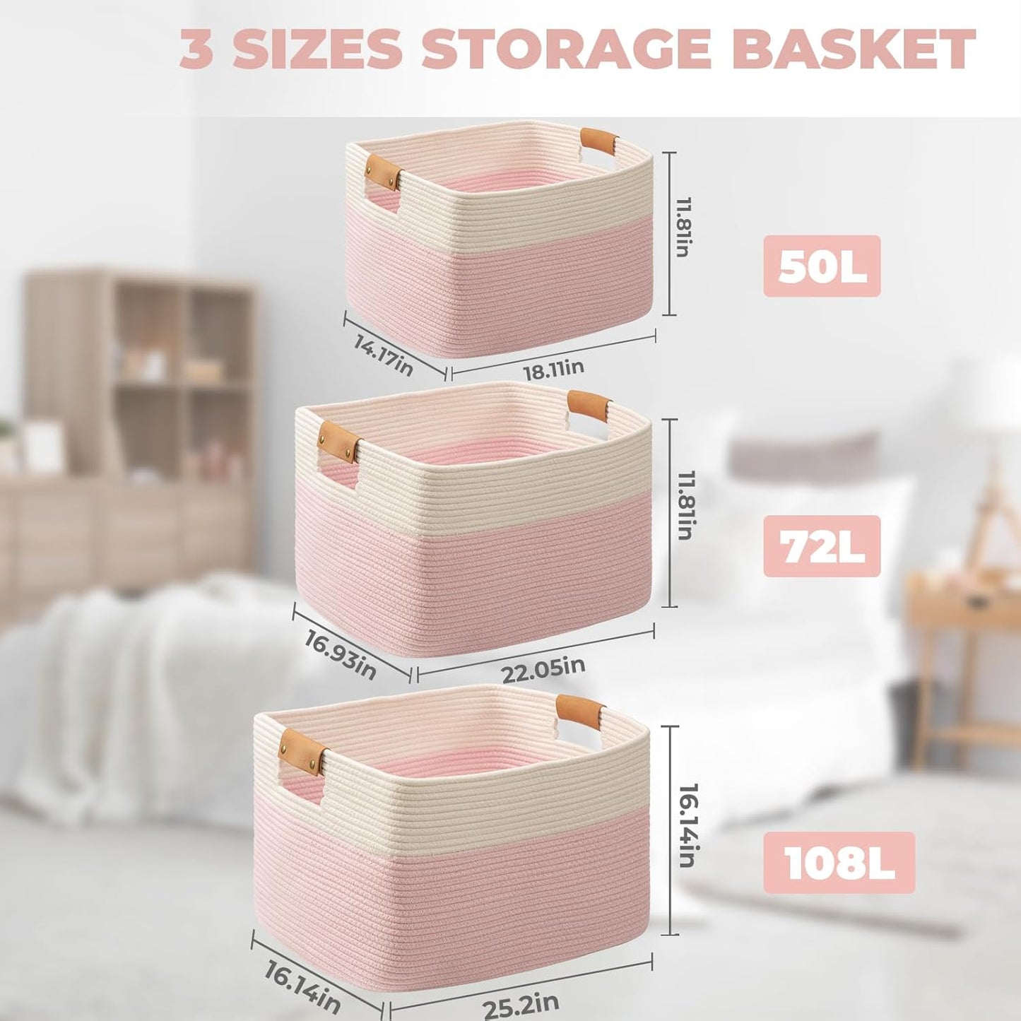 danpinera Large Woven Basket 25’’*16’’*16’’ Rectangle Woven Baskets for Storage, Storage for Living Room, Soft Cotton Rope Basket With Handle, Large Basket for Kids Dog Toys, 108L Pink+White