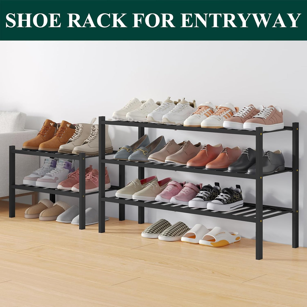 Smiry Bamboo Shoe Rack for Closet, 2 Tier - 33.86" Wide, Black