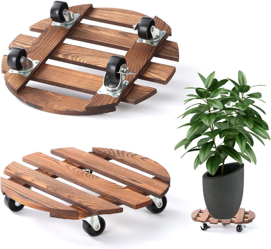2 Pack 12" Plant Caddy with Wheels, Rolling Plant Stand 220 LB Heavy Duty Wooden Round Plant Dolly with Metal 360° Lockable Caster Wheels for Outdoor Indoor Large Plant Pots, Flower Pot, Patio