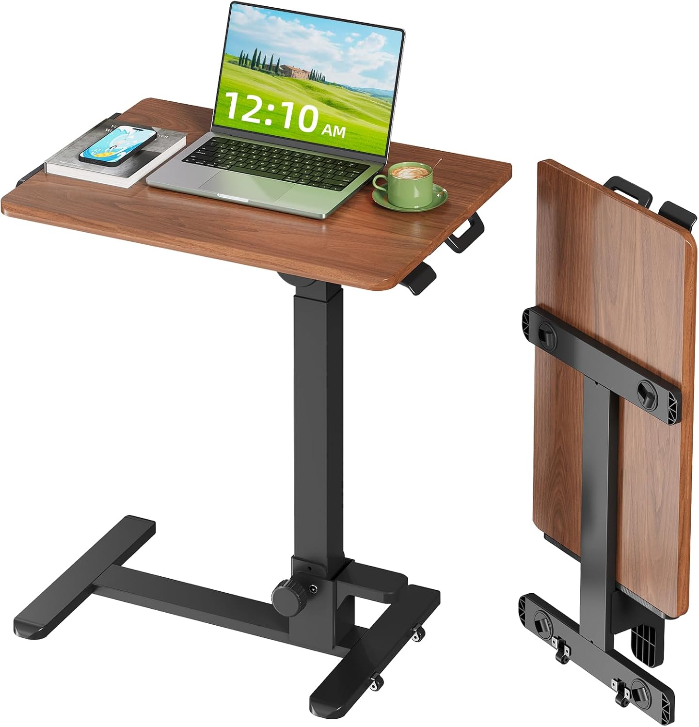 Foldable Mobile Standing Desk, 27 Inch Small Rolling Laptop Cart Height Adjustment, 90° Tiltable Bedside Table, No Assembly Needed Portable Computer Workstation, Dark Wood