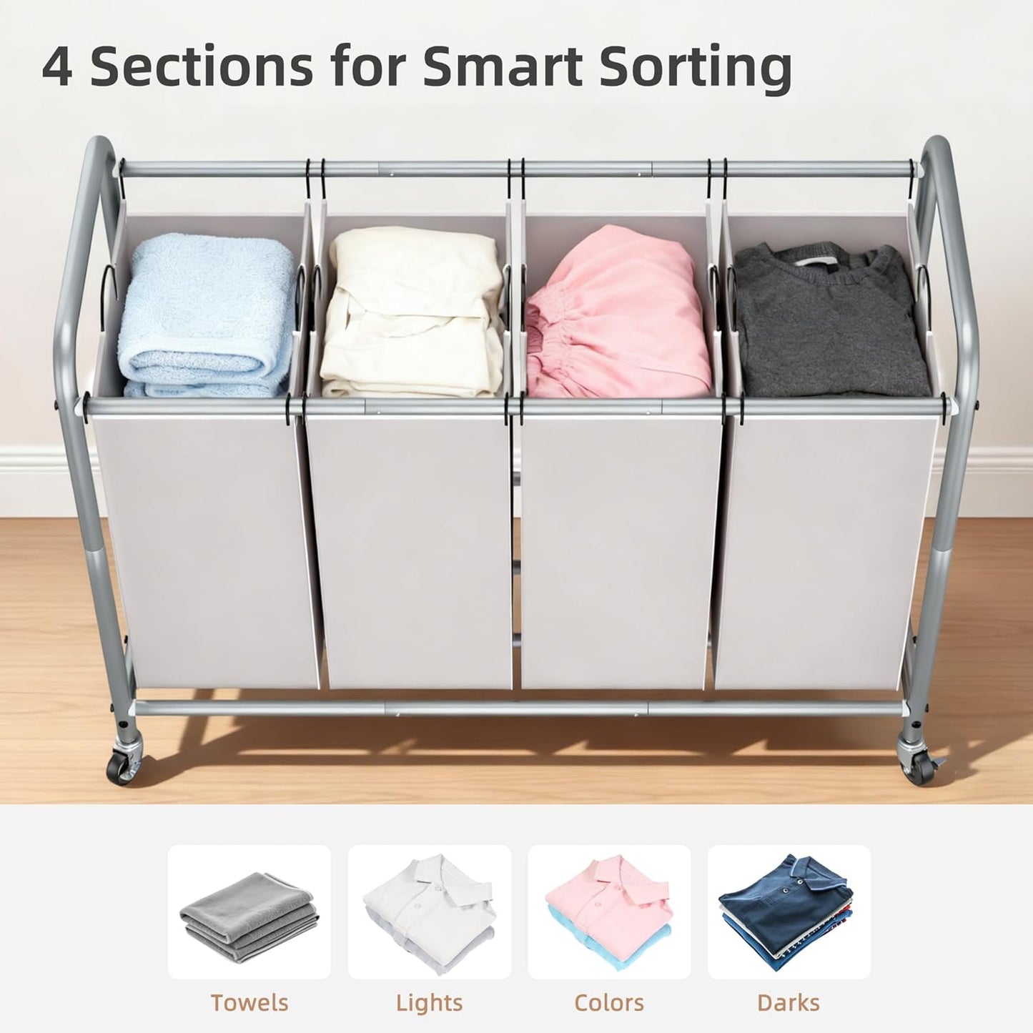 STORAGE MANIAC Laundry Sorter 4 Section, 47.5 Gal (180 L) Laundry Hamper with Wheels, Clothes Divider Basket Sorter, Clothes Separator Hamper Cart with Wheels and Removable Bags, Gray