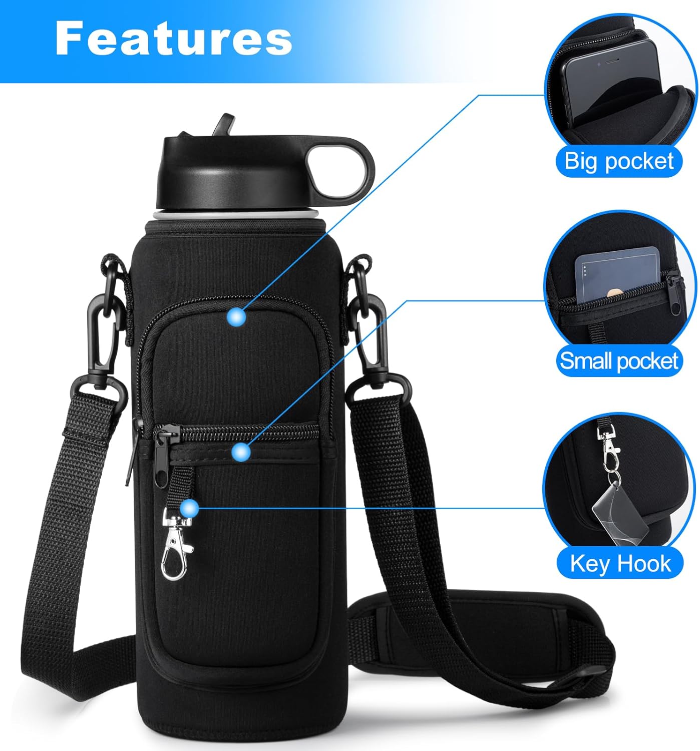 RRegeny Water Bottle Holder with Strap for Hydroflask 32oz 40oz, Carrier Sling Bag with Phone Pocket Water Bottle Sleeve for Men Women Hiking Camping Travelling