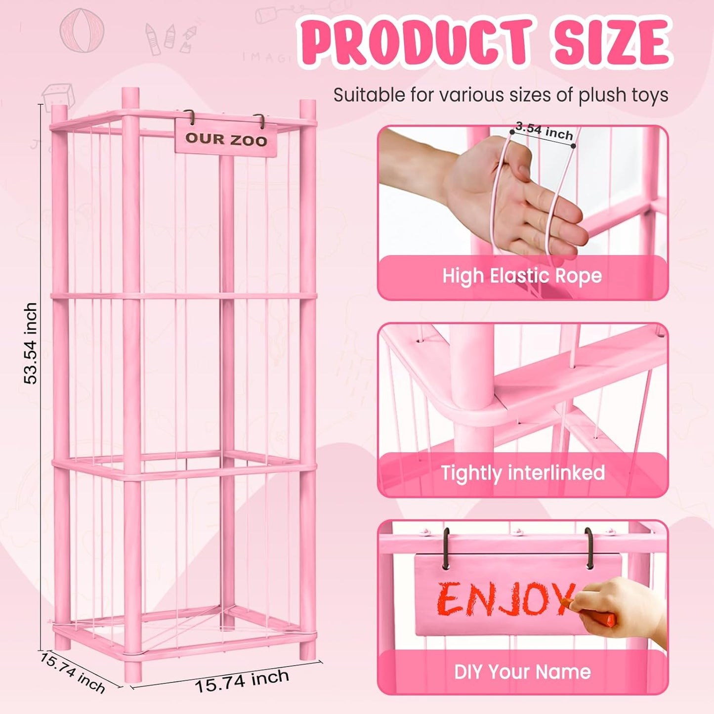 Woodure Stuffed Animal Storage & Organizer, Wooden Cute Zoo Toy Holder for Toddler Rooms, Playrooms & Bedrooms（Pink）