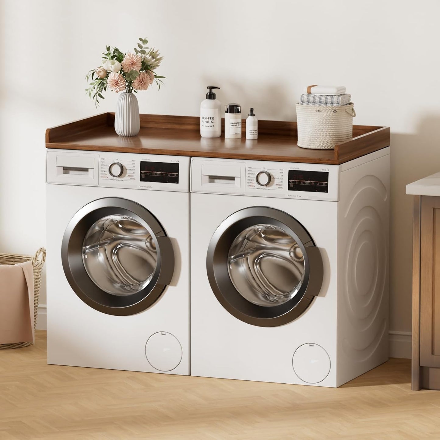 Cozivolife Washer Dryer Countertop, Laundry Topper with Edge Rails, 54" x 27.5" Bamboo Folding Station & Waterproof Surface, 220 lb Load Capacity for Laundry Room Organization(Walnut)