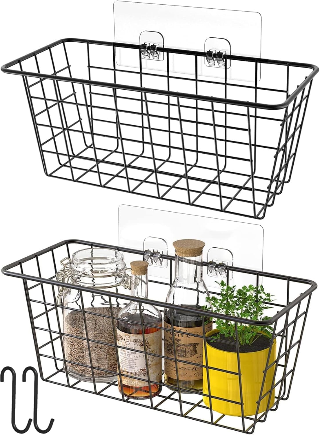 MaraFansie Hanging Kitchen Baskets Wire Storage Basket Over the Cabinet Door Organizer, No Drilling Adhesive Basket for Cabinet Pantry Organization and Kitchen, Bathroom, Storage, 2 Pack, Black