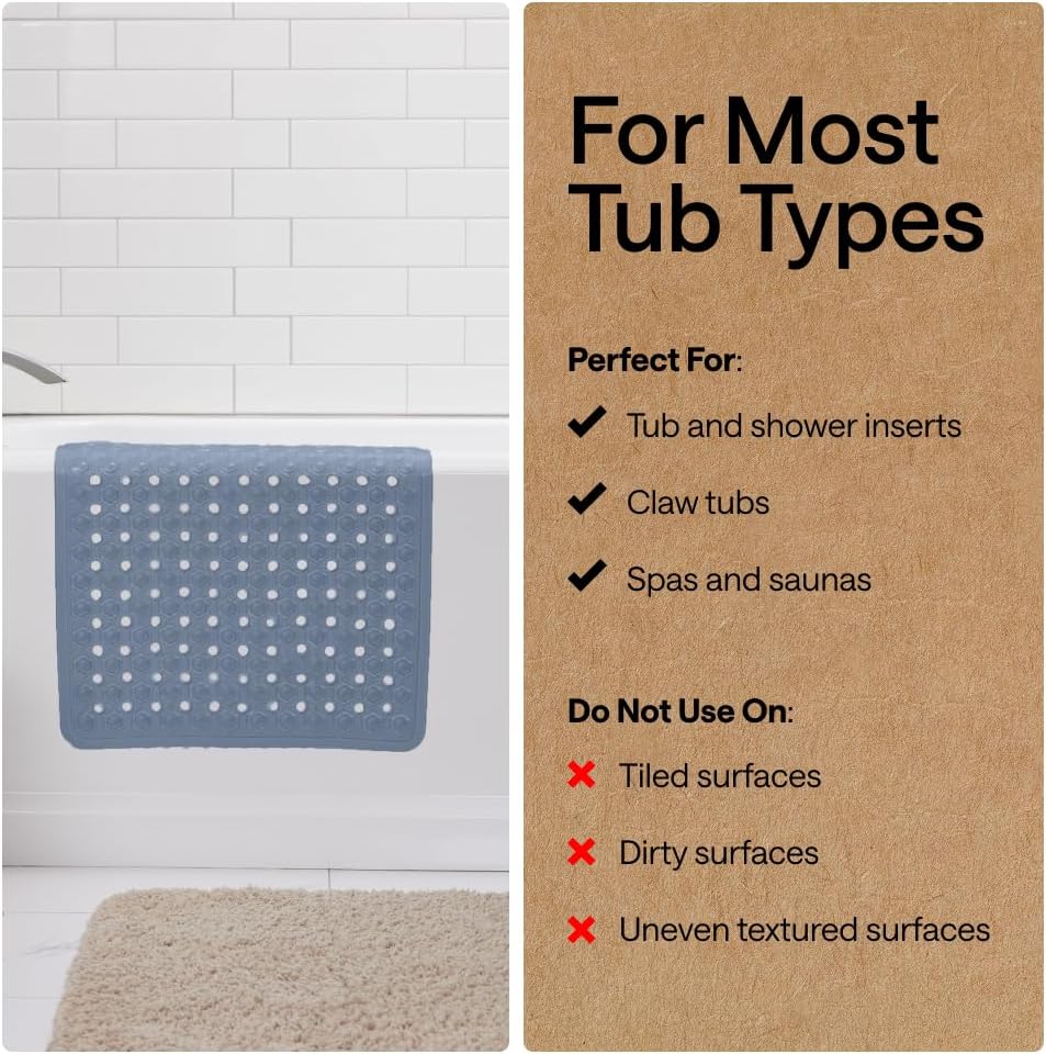 GORILLA GRIP Patented Bath Tub Shower Mat, Machine Washable Bathtub Floor Liner Mats, Suction Cups and Drain Holes to Keep Tubs Clean, Soft on Feet, Bathroom Essentials, 35x16 Inch, Sky Blue Opaque