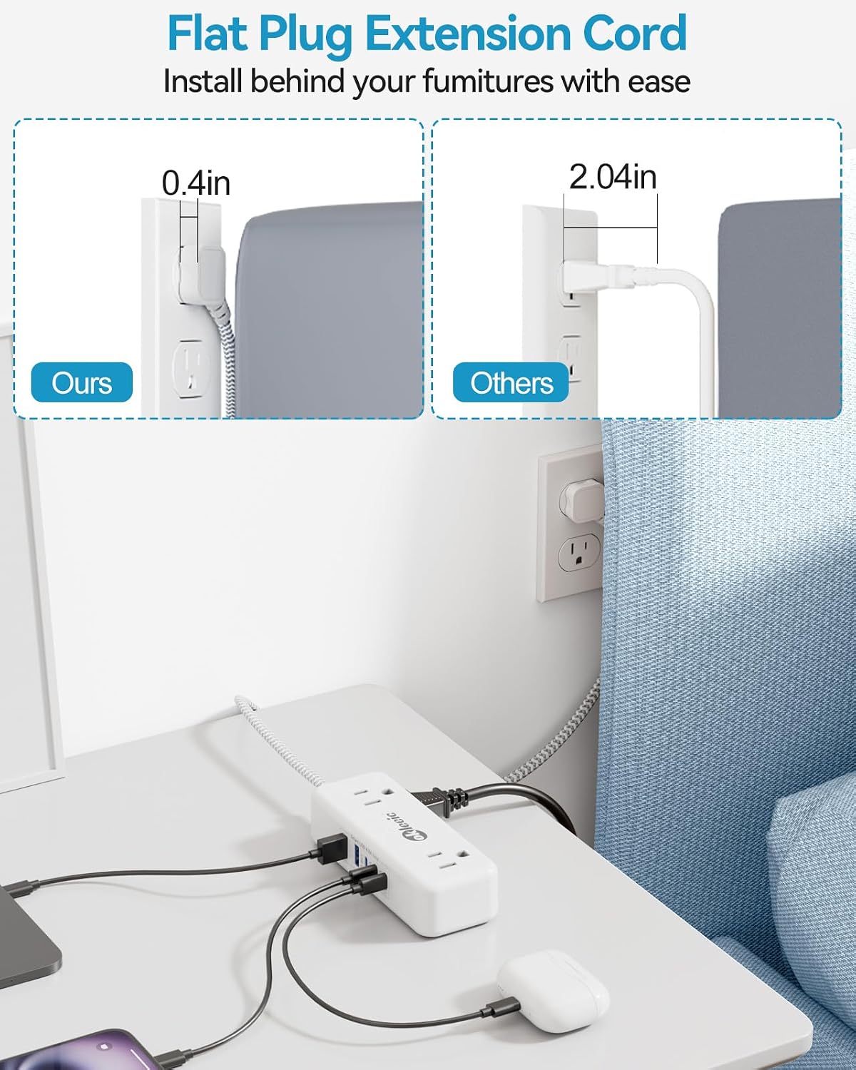 Power Strip with USB C, Small Extension Cord with 4 Outlets & 2 USB-A and 3 USB-C Ports 4.8A/24W Charging Station, 3 Ft 2 Sides Outlet Extender Non Surge Protector for Cruise Ship Travel Office Dorm