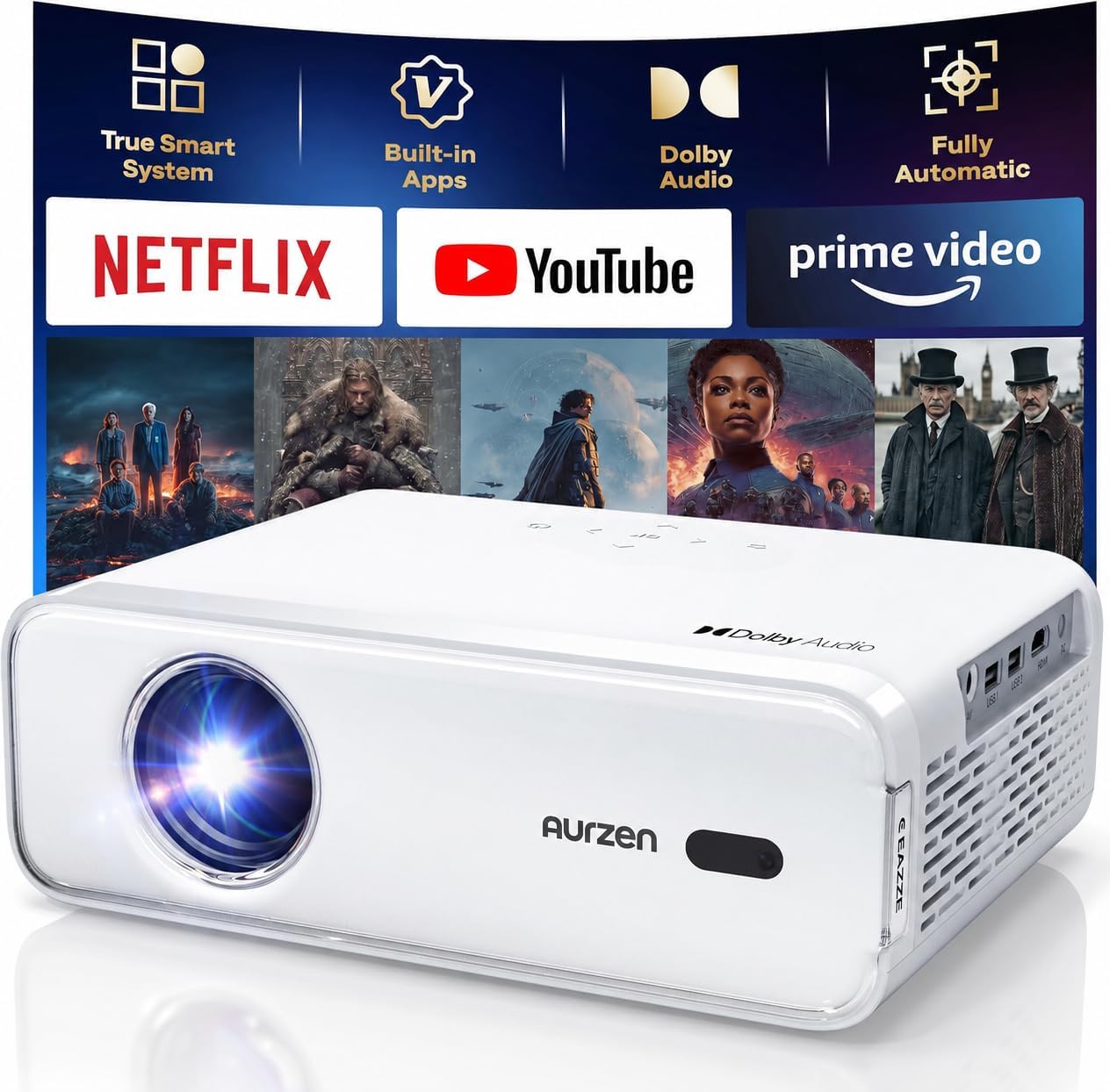 Aurzen Roku TV Smart Projector with Wifi and Bluetooth, Roku TV Built-in, 1080P FHD, DoIby Audio, Auto Focus & Keystone, Zoom, Movie Portable Outdoor Mini Projector for Soccer Football Game, White