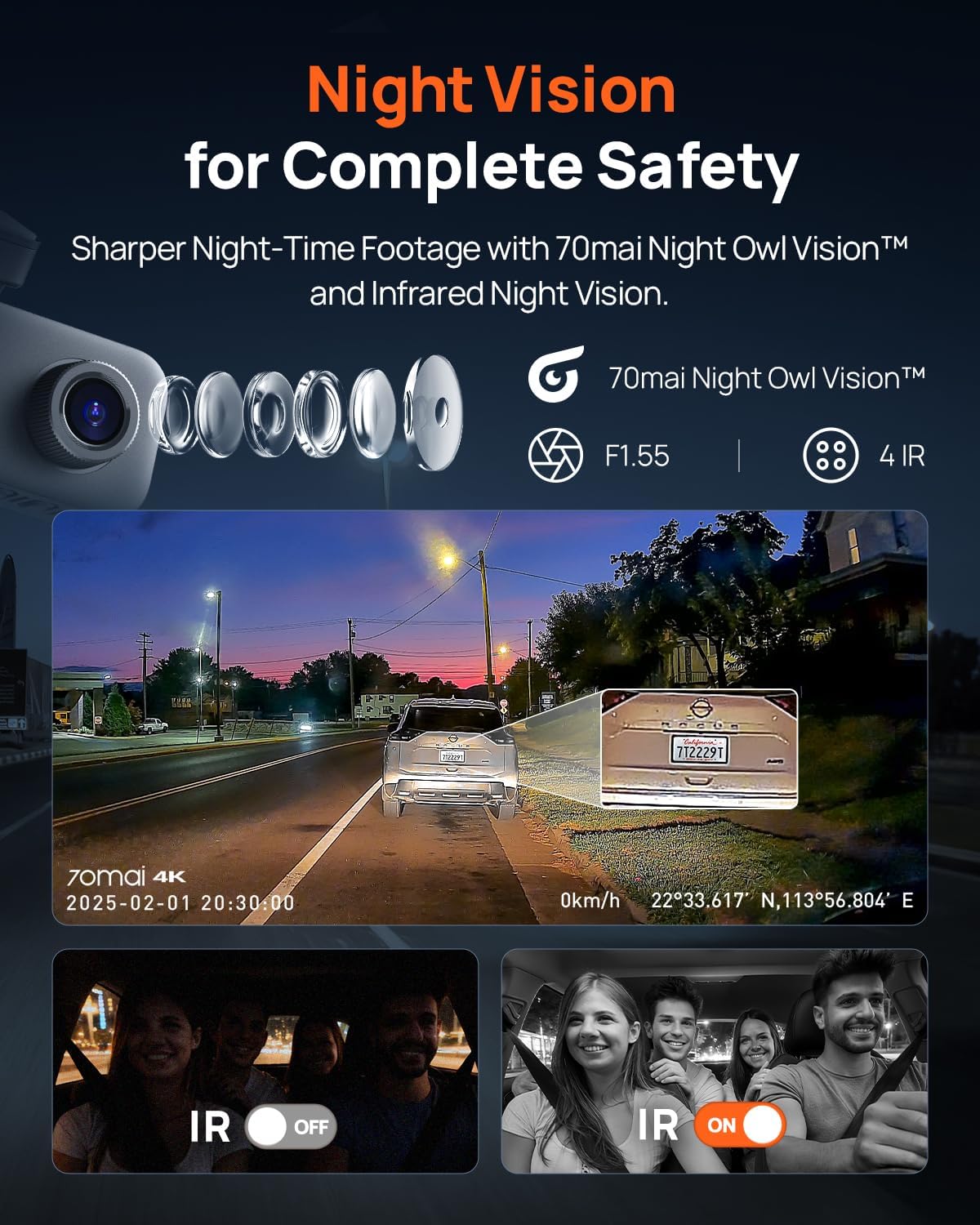 70mai 4K Dash Cam Front and Rear Inside, 3 Channel Car Dash Camera for Cars, Dashcam with GPS, Wi-Fi 6, Voice Control, Parking Monitor, Night Vision, Loop Recording, 64GB SD Card Included (T800E)