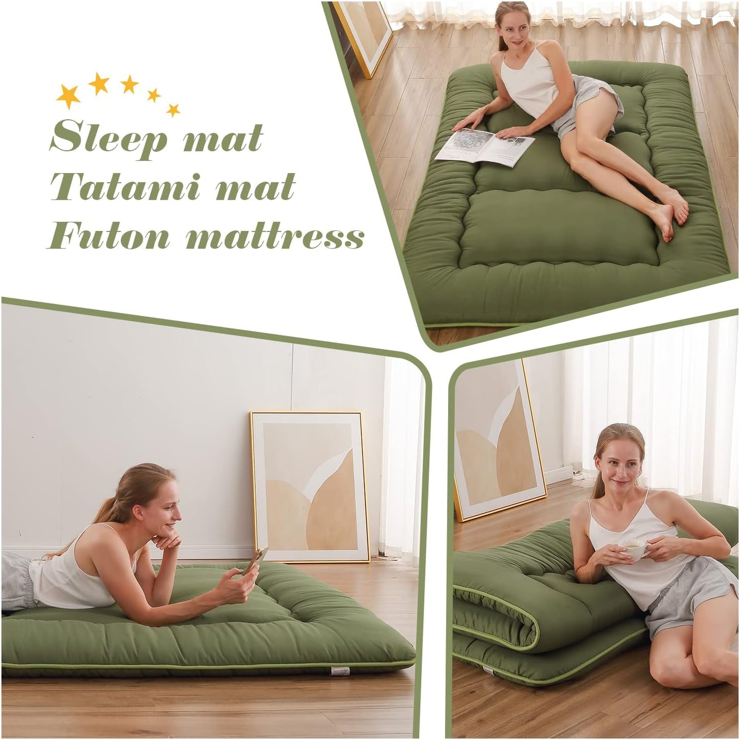 Zelladorra Japanese Floor Mattress, Futon Mattress with Portable Storage Bag and Washable Cover, Roll Up Thick Tatami Mat Suitable for Camping, Guest Room, Green, Twin