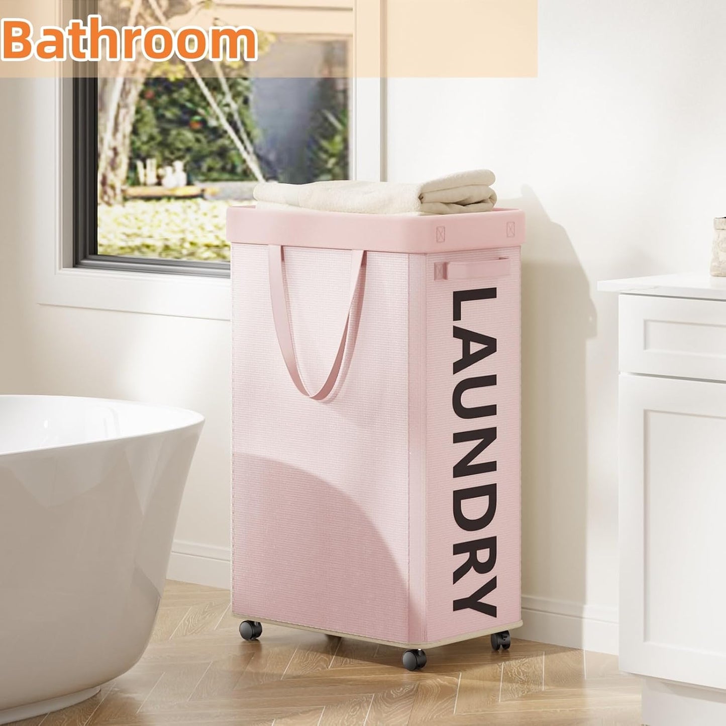 Optish Pink Laundry Basket with Wheels, Dorm Room Essentials Girl, 90L Rolling Laundry Hamper with Wheels, Large Clothes Hamper on Wheel with Removable Mesh Bag for Bedroom, Dorm