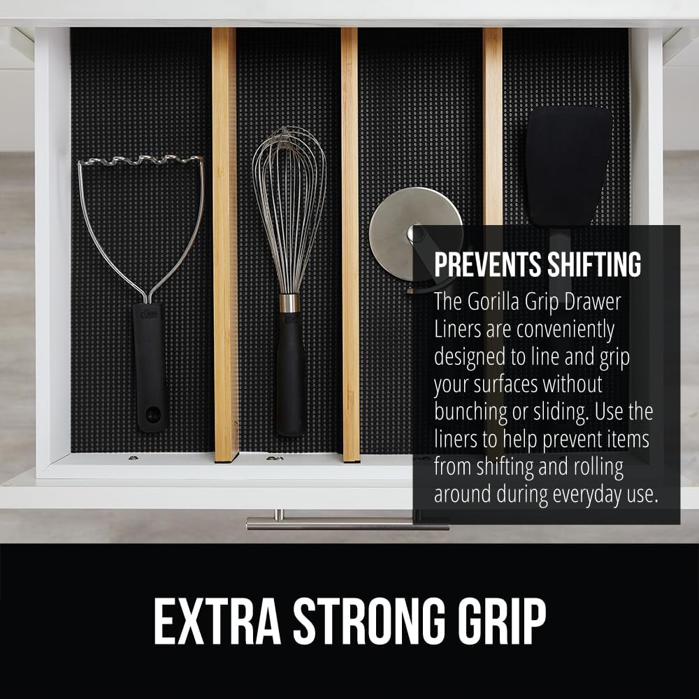 GORILLA GRIP powerGRIP Drawer Shelf and Cabinet Liner, Thick Strong Hold, Non-Adhesive Liners Protect Kitchen Cabinets and Cupboard, Bathroom Drawers, Easy Install, Breathable Mat, 12" x10', Black