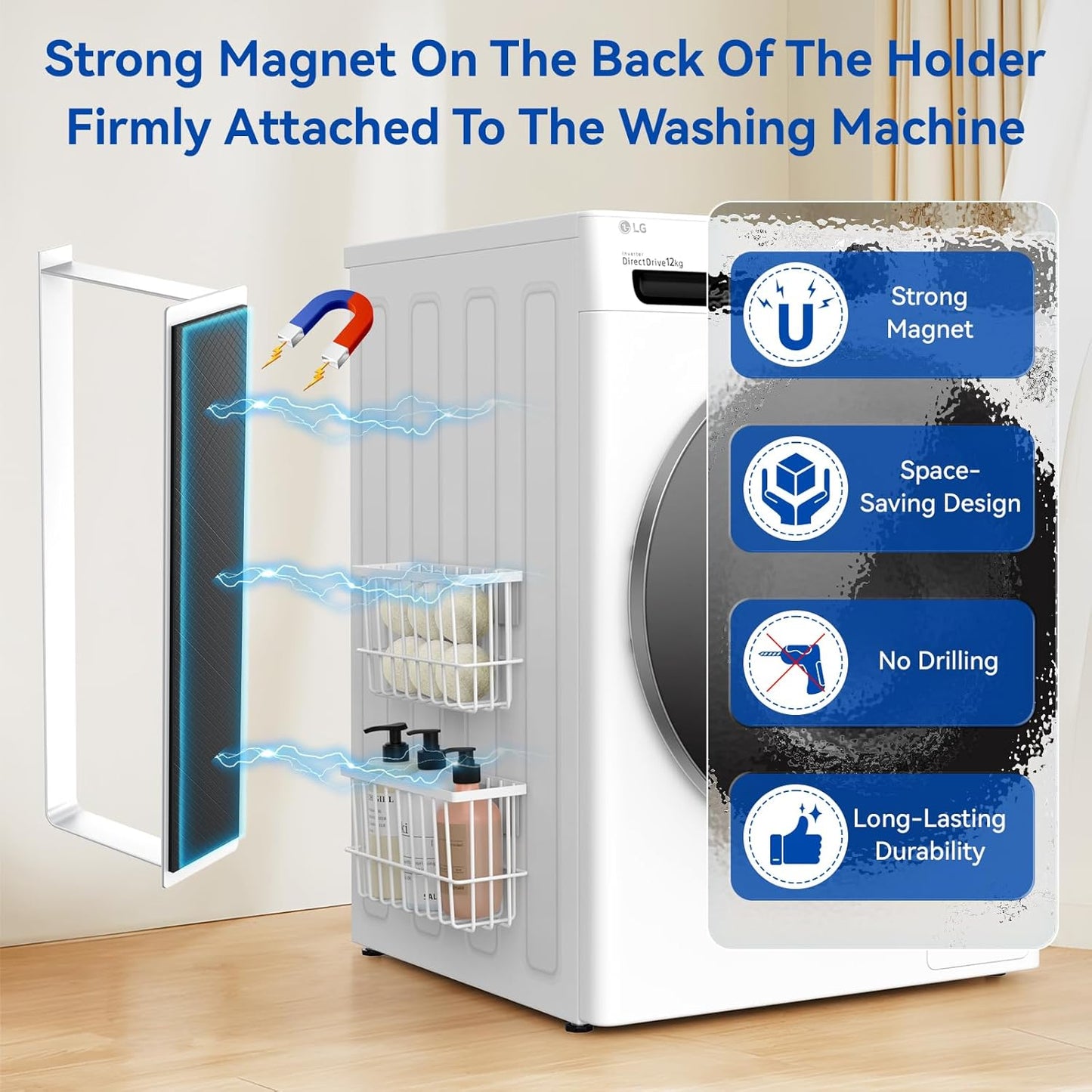 Laundry Room Organization and Storage Magnetic Dryer Ball Holder with Magnetic Hanger Holder, Magnetic Lint Bin for Washer Dryer, Iron Basket Dryer Ball Container, Magnetic Laundry Organizer (White)